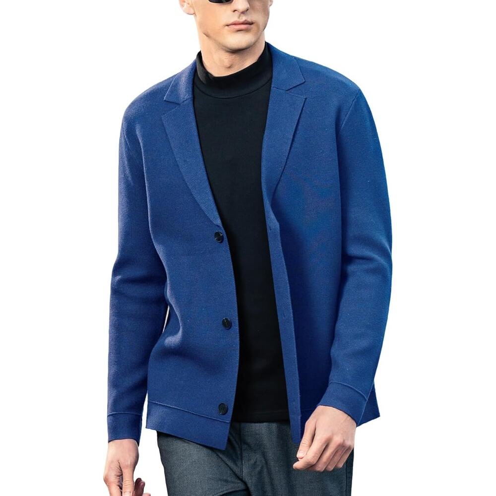 Mens V-Neck Cardigan Sweater Blue Knit Jacket Casual Lightweight XL